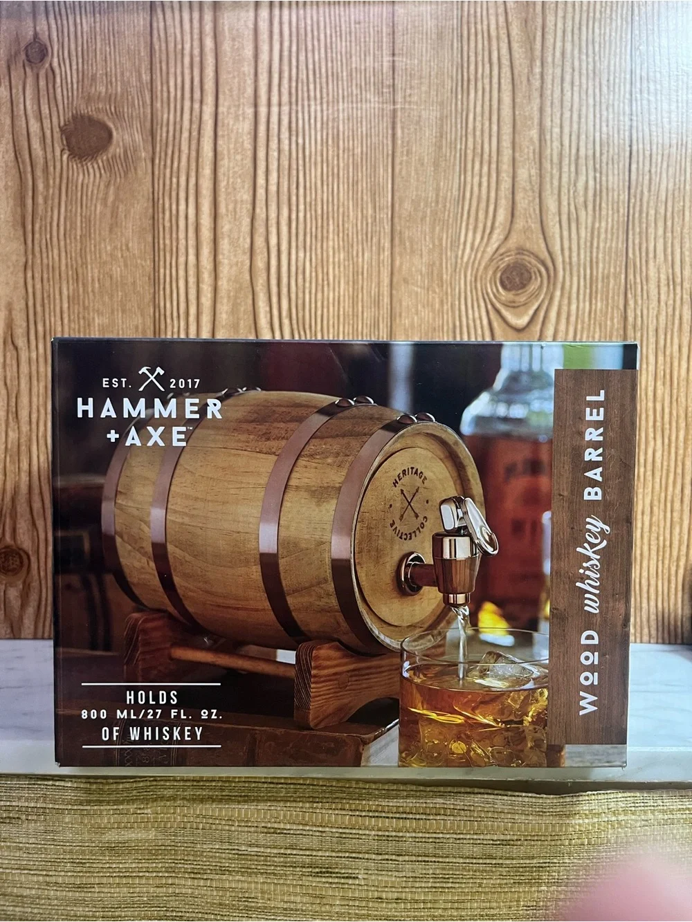 New Hammer + Axe Wood Whiskey Barrel in Brown Dispenser
